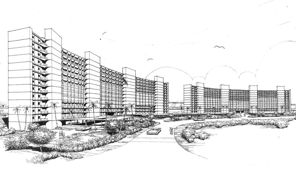 Line drawing of a modern apartment complex with multiple high-rises, trees, and a car.